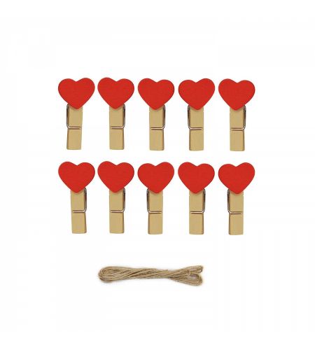 Mini Wooden Heart Clips with Rope (Red)