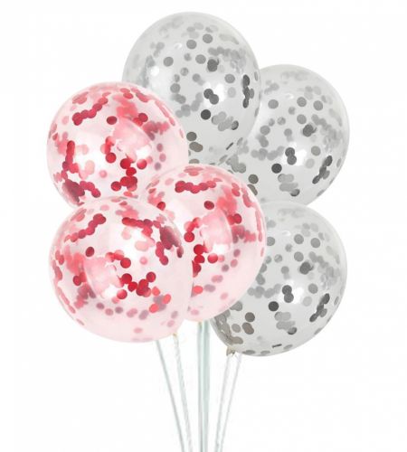 Silver & Red Confetti Balloons - Pack Of 20 Pcs