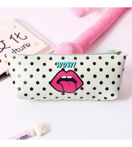 White Dotted Case With Red Lips Design Cosmetic Bag /travel Pouch / Pencil Pouch